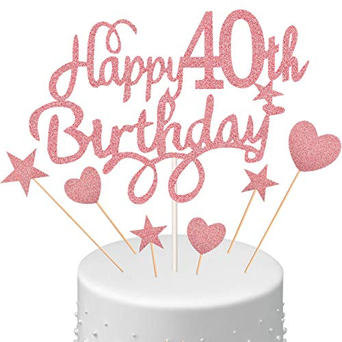 40th Birthday Cake Topper Set, Happy 40th Birthday Cake Topper with Heart Star Cupcake Picks Glitter Decoration for Party Supplies, Rose Gold