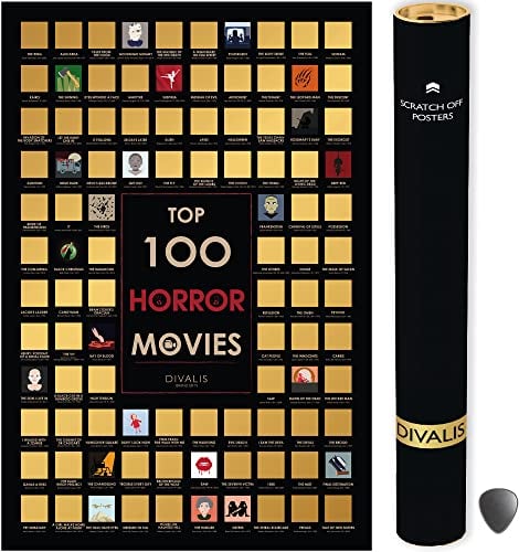 Divalis Großes Rubbel Poster der 100 Horrorfilme - Horrorplakat Abkratzen - Liste des unverzichtbaren Horrors aller Zeiten - Muss Horrorfilme Kratzen Sehenl Poster - Scratch off Horror Movies