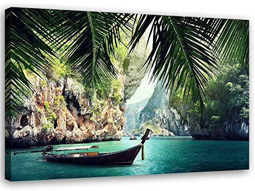 Feeby Bild auf Vlies Leinwand Boot Pflanzt Felsen 40x30 cm Kunstdruck Modern Wandbilder Deko Flur Wohnzimmer Bucht Exotisch Blau