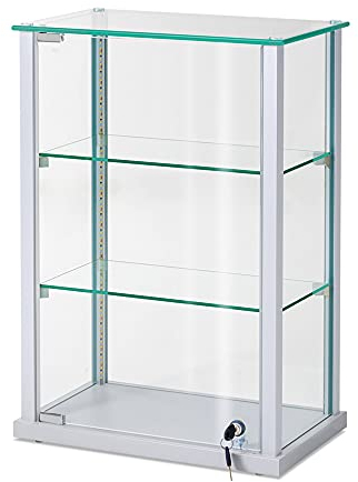 kleine Aufsatzvitrine Glas T 26 x B 43 x H 61,8 cm - graue Tischvitrine Alu abschließbar - schmale Glasvitrine ideal für Ausstellungen oder Messen - LED-Beleuchtung