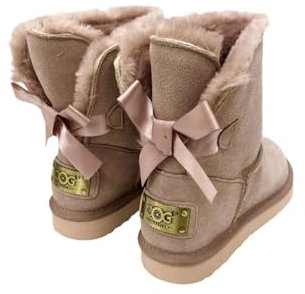 OOG Boots Damen Lederboots Stiefel mit Schleife, Bow, Schneestiefel echtes Leder, warme und Fell gefütterte Winterschuhe, rutschfeste, Flache, bequem und Kurze Stiefel (6166 Flamingo Hell, numeric_36)