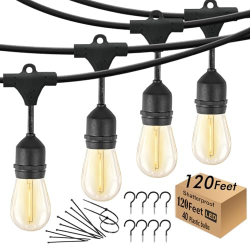 120 FT Outdoor String Lights LED Waterproof Patio Lights with 40 Shatterproof Plastic Warm Edison Bulbs String Bistro Lights for Gazebo Pergola Market Lights