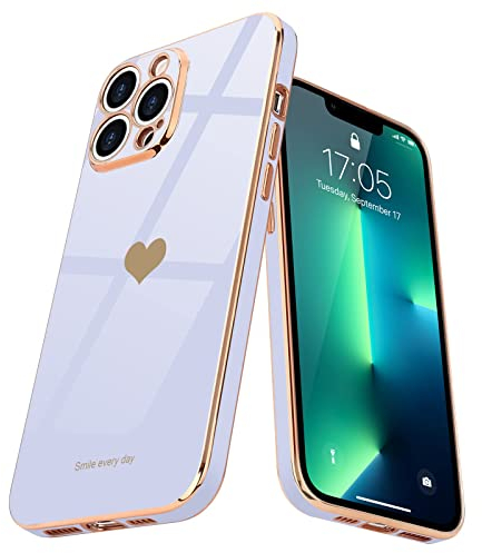 Teageo for iPhone 13 Pro Max Case Cute Heart Pattern for Women Girls Slim Luxury Bling Plating Soft TPU Anti-Scratch Shockproof Bumper Phone Case for iPhone 13 Pro Max, Purple