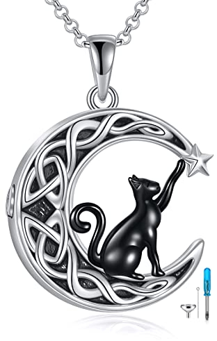 VONALA Katze Urn Anhänger Halskette für Asche, 925 Sterling Silber Keltischer Mondanhänger Kette Geschenke für Damen Mädchen