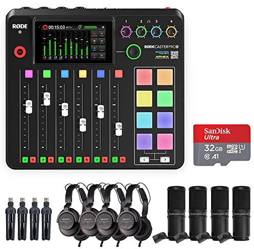 Rode RODECaster Pro II Integrated Audio Production Studio Bundle with 4x Zoom ZDM-1 Podcast Mic Pack and 32GB microSDHC Memory Card