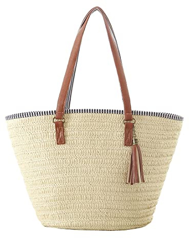 Hsthe Sea Stroh Handtasche Sommer Strandtasche Damen Umhängetasche mit Ledergriffen Quaste Handtasche Umhängetasche Einkaufstasche Basteltasche für die Reise Beige