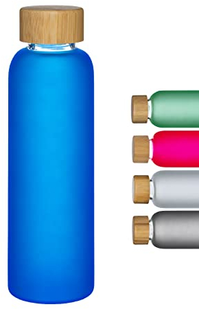 Artexia Botella de cristal de 500 ml, la botella de vidrio es ecológica con tapón de rosca de bambú, esta botella de vidrio es ideal para la oficina, yoga, fitness (azul)