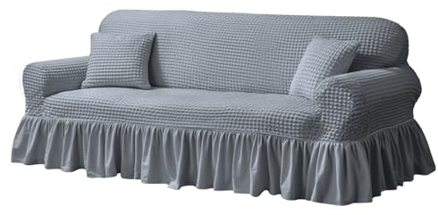 NAKIHOUSE Sofa Überwürfe Sofabezug 3 Sitzer Elastischer Silbergrau Couchbezug Sofahusse Antirutsch Sofabezüge Sofa Abdeckung Stretch Couch Überzug Sofa Hussen mit 1 Kissenbezug