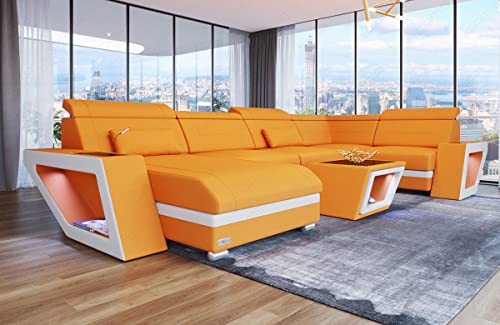 Sofa Wohnlandschaft Catania - mit LED Beleuchtung, verstellbare Kopfstützen, Ottomane/Mikrofaser/Ausrichtung wählbar (Ottomane Links, Weiss-Aprico)