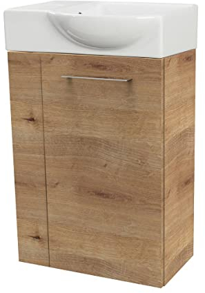 FACKELMANN Milano Gäste-WC Set 2 Teile – Waschtischunterschrank in Holz Braun mit Waschbecken aus Keramik – SBC Waschbeckenunterschrank schmal – Türanschlag rechts – Hahnloch Links – 45 cm breit