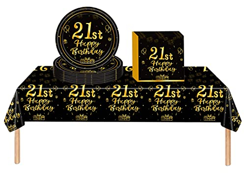 COSORO Black Gold 21st Birthday Plastic Table Cloth, Paper Plates Napkins Tableware Set, 37P Decorations Disposable Kit for Women, Men, Lady, Him, Her Gifts Party Décor