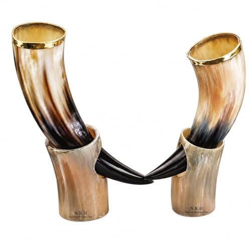 Nautical Replica Hub Lot de deux tasses en corne de style antique avec support style viking pour bière, vin, hydromel - Cadeau de mariage