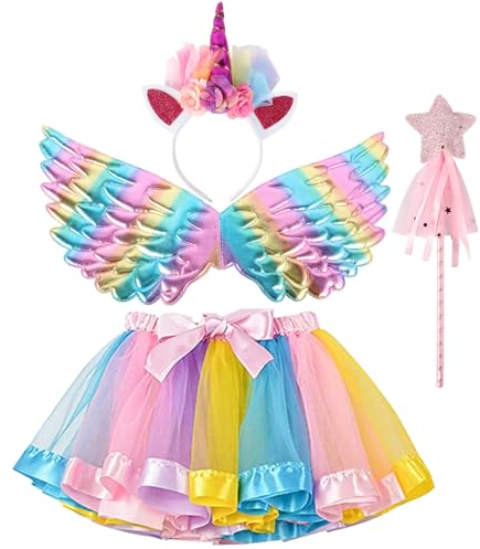 AOUVT 4 Pcs Regenbogen Einhorn Kostüm Kinder, Prinzessinnenkleid für Kinder, Einhorn Cosplay Set, Das Einhorn Party Kleid ist für Mädchen im Alter von 3 4 5 6 7 8 Jahren Geeignet (Rose)