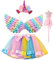 AOUVT 4 Pcs Jupe Buste Licorne Enfant, Robes Fille, Robe de Soirée Licorne, Déguisements cosplay, Robe de Princesse avec Licorne, Convient aux Filles de 3 4 5 6 7 8 Ans (Rose)