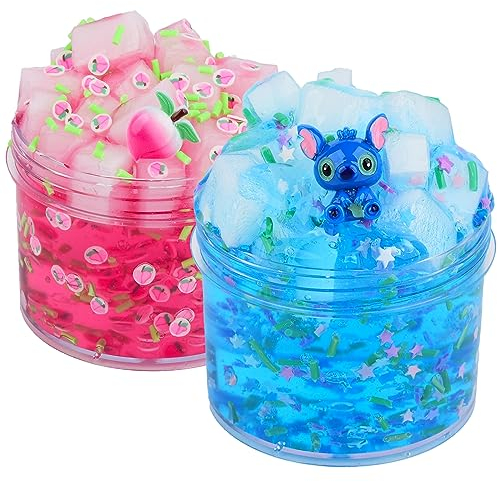 2 Pack Jelly Cube Crunchy Slime Kit, Blue and Pink Clear Crunchy Slime, Super Soft Crystal Slime Toy, for Kids Party Favors and School Education, Stress Relief Toy for Girls and Boys