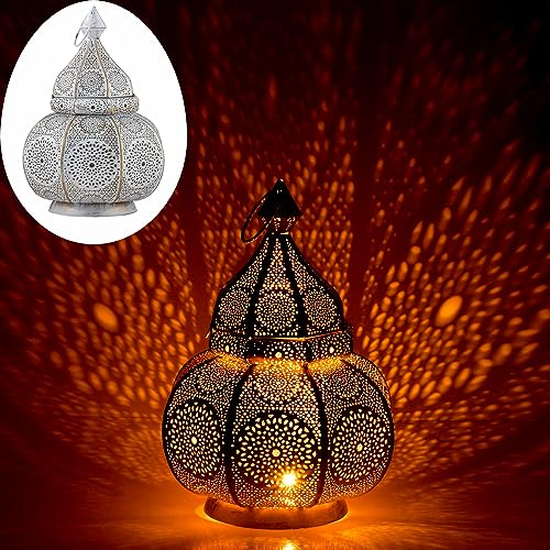 Marrakesch Lampe und Laterne in einem aus Metall 30 cm groß | Tischlampe Windlicht Lamisa Weiss als Orientalische Ramadan Dekoration