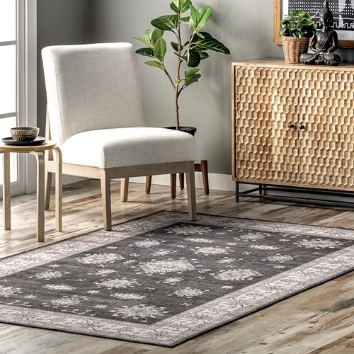 nuLOOM Mollie Teppich, maschinenwaschbar, traditionell, ultradünn, 1,8 m, rund, Anthrazit