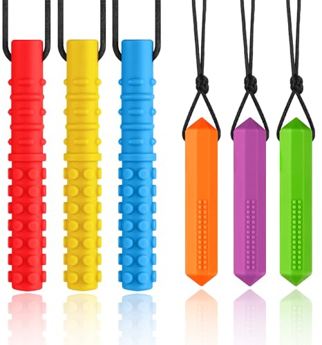 Chewy Necklaces for Sensory Kids, Boys and Girls, 6 Packs Silicone Pendant Oral Motor Aids Teething Necklace for Aggressive Chewers with Autism, ADHD, SPD, or Special Need