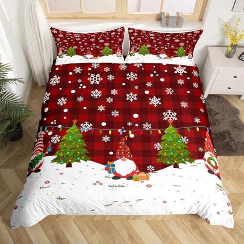 Homewish Housse de Couette de Noël À Carreaux 200x200, Parure de Lit Gnomes du Père Noël pour Enfants Garçons Filles Adultes, Ensemble de Literie Arbre de Noël Flocon de Neige, Rouge Vert