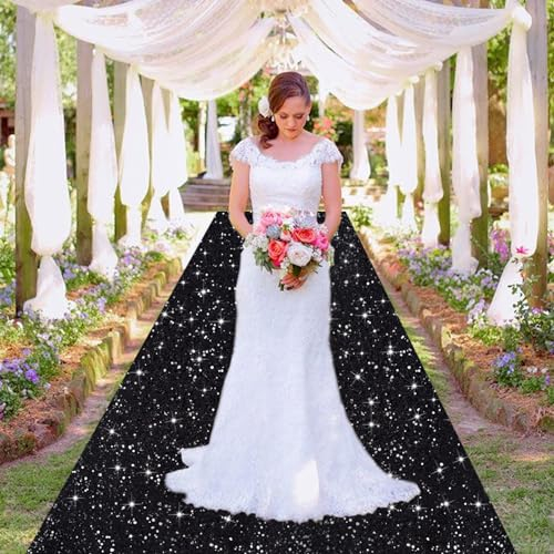 MODFUNS Schwarzer Hochzeitsläufer mit Pailletten, Gangläufer, Teppich, 1,2 x 7,6 m, glitzernder Teppichläufer, Gang, Bodenläufer mit Teppichband, Vintage-Teppich für Abschlussball, Bühne, Empfang,