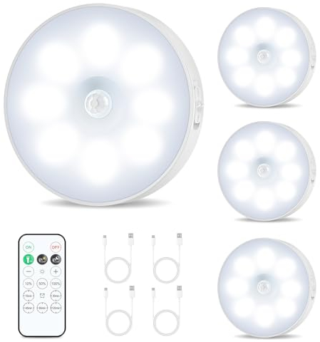 Lot de 4 palets lumineux rechargeables avec télécommande, détecteur de mouvement, lumières LED magnétiques sans fil à intensité variable, veilleuse à coller pour armoire, comptoir, cuisine, couloir,