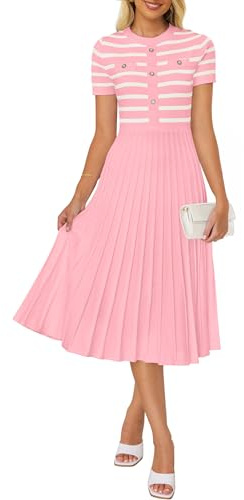 ZESICA Robe midi décontractée à Rayures pour Femme - Col Rond - Manches Courtes - Boutons - en Tricot côtelé - Robe trapèze plissée, Rose, Taille S