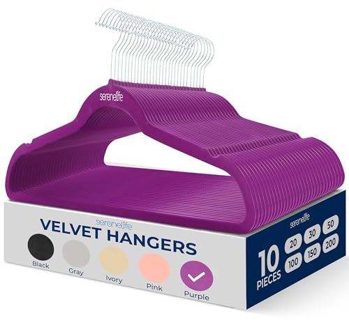 SereneLife Platzstparende Kleiderbügel rutschfest 10 Stück, Gardarobenbügel Violett aus Samt für Kleideraufbewahrung & Organisation, Hanger Ultradünn & Robust für Hosen, Röcke, Hemden & Mäntel