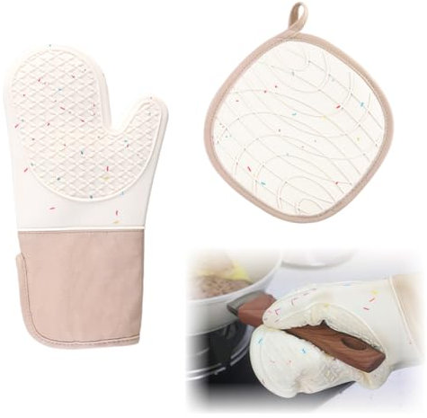 QOWUXHZ Lot De 2 Gant Four Maniques Cuisine Gants De Four Maniques Gants De Cuisine Gants Et Maniques En Silicone Et Coton Beige