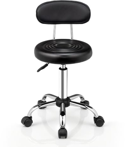 Bonnlo Tabouret à roulettes,réglable en Hauteur avec Dossier | Tabouret de Bureau, Travail, pivotant pour Salon et Bar, Similicuir, Noir