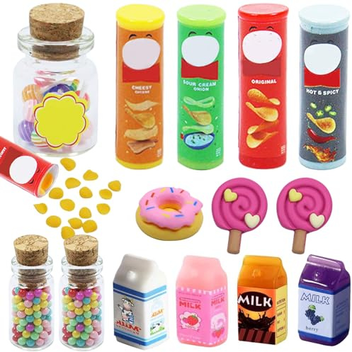15 Stück Wichtel Zubehör Weihnachten, 1/12 Miniatur Essen, Wichtelzubehör Miniatur Lebensmittel – Enthält Süßigkeiten, Milch, Chips, Donuts, für Weihnachts-DIY, Wichteltür, Puppenhaus Zubehör Deko