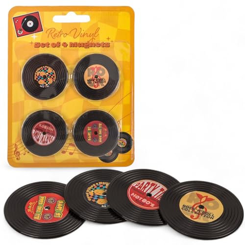 MIJOMA 4er Set Kühlschrank-Magnete Retro-Design, Schallplatten/Kassetten, 4,2 cm, Hochwertiges Kunststoff, Vintage Deko für Zuhause, Kreative Erinnerungen (Retro Schallplatte)