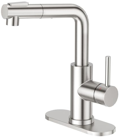 CREA Küchenarmatur mit ausziehbarer Brause, Pre-Wet Bar-Spültischarmatur mit Einlochmontage & Einhebel, kleine Edelstahlarmatur in gebürstetem Nickel für Mini-Spüle, Wohnmobil, Außenbereich/Waschküche