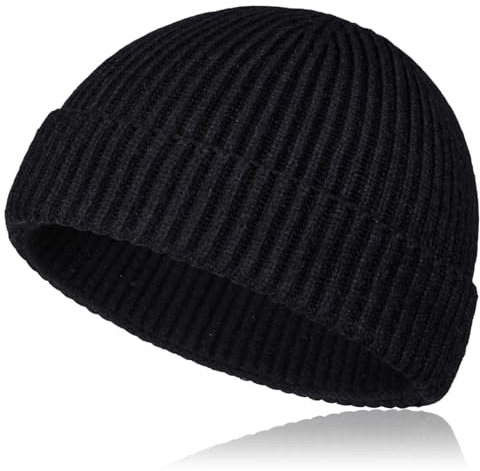 Samserot Kurze Fischermütze aus Wolle für Herren und Damen, Strickmanschette, Trawler, Mütze, Winter, warme Mützen, Schwarz , Einheitsgröße