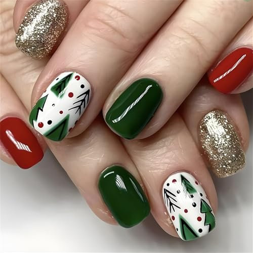 24 PCS Christmas Press on Nails - Christmas Forest Gold Glitter Full Cover False Nails - Short Square False Nails - Acrylic French Stick on Nails with Glue - Suitable for Christmas Party