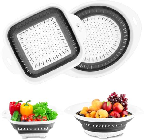 2 Pcs Scolapasta in Silicone Pieghevole, Scolapasta Salvaspazio Silicone, Filtro Cestino Scolapasta Silicone Pieghevole Set, Scolapasta da Lavello per Scolare Verdura Frutta Pasta (Ovale + Quadrato)
