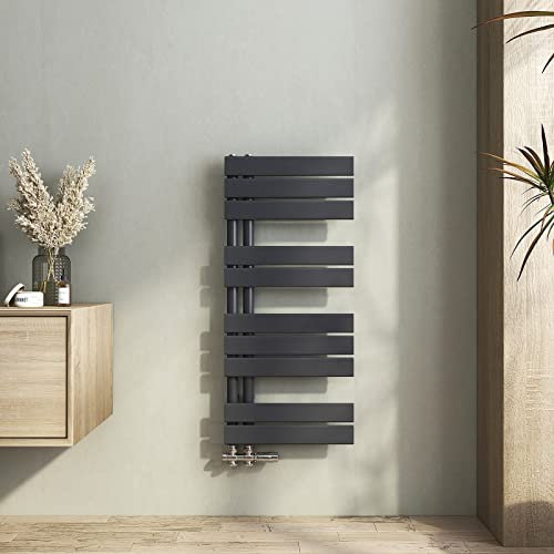 Heilmetz Radiador toallero de Tubo Plano 400 x 899mm, radiador toallero electrico baño Caliente de una Cara, conexión Lateral para toallero de Agua Caliente, Antracita