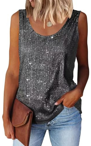 Suncife Damen Pailletten Oberteil Tank Glitzer Top Frauen Party Glitzertop, Schwarz, Silber, XXL