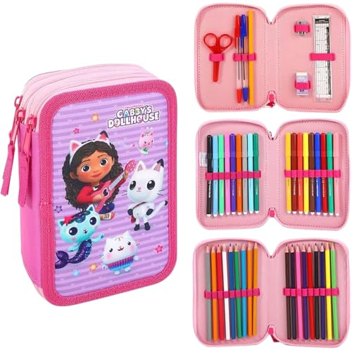 Gabby's Dollhouse 3 Tier Large Pencil Case with Stationery Included | 45 Piece Multi Compartment Filled Pencilcase Set with Colouring Pens, Pencils and School Supplies for Boys and Girls