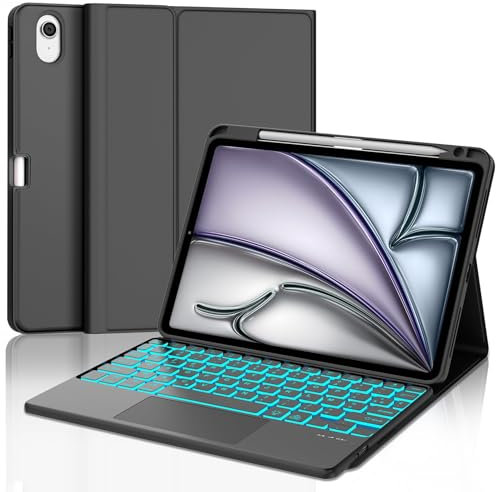 IVEOPPE Clavier iPad Air 11 Pouces M3/M2 (2025/2024) avec Pavé Tactile, Coque Clavier Trackpad AZERTY Français rétroéclairé 7 Couleurs Détachable sans Fil Bluetooth, Noir