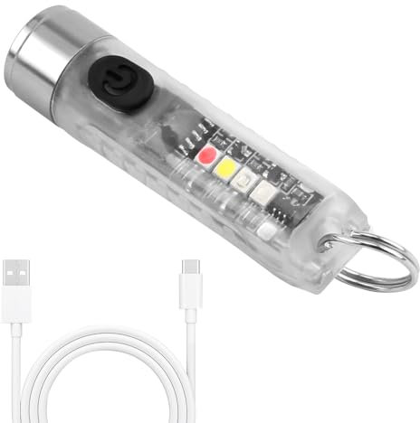Mini Powerful Torch LED 400LM LED Rechargeable Pocket Keychain Torch with UV Red Blue Light IP65 Waterproof 6 Modes Keyring Flashlight with Magnet USB-C Charging for Night Camping Emergency Use