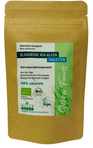 Bio AFA Alge 150 Presslinge im Standbodenbeutel - Wilco Green Foods - 100% Naturreines Biologisches Nahrungsergänzungsmittel für körperliche Fitness und ein gesteigertes Wohlbefinden - Vitamin B12