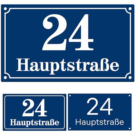 Sosenco Hausnummer 14x24 cm mit Wunschtext – Personalisiert mit dem Ort/Straßennamen und Nummer - Wetterfest Addressschild mit Gravur - Grafik- Größe- und Montageoptionen zur Auswahl (Blau)