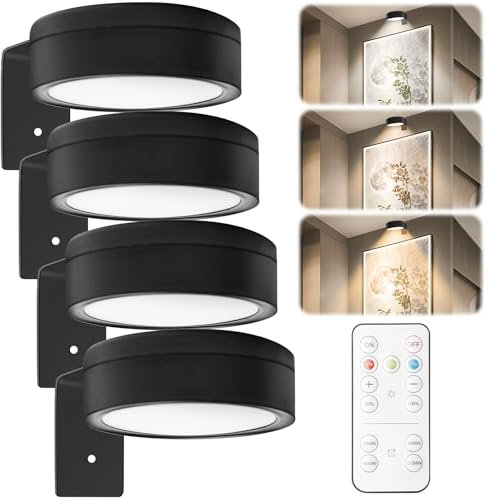 GBKDQQ Juego de 4 luces de imagen, batería con mando a distancia, lámpara de cuadros, luz de pintura, recargable con 3 temperaturas de color, intensidad regulable, indicador de arte LED, iluminación