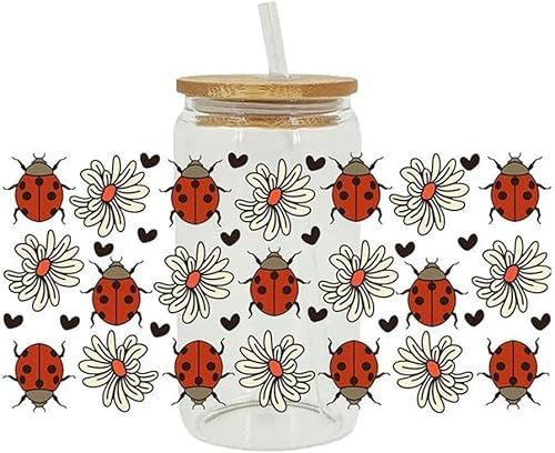 Flowers and Seven-Star Ladybugs UV DTF Cup Wrap Stickers,UV DTF Cup Wrap Transfer Stickers Decals DIY Fall Waterproof Autumn Theme Flower Rub on Transfers for Glass Cups Iron-on Trim