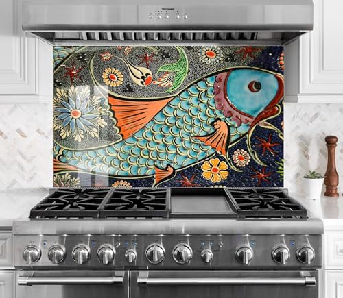 Myphotostation Mosaikglas-Küchenrückwand mit bunten Fischen, gehärtetes Glas, Spritzschutz für Küche, Herd, Wandschutz, Herd-Wandplatte, Herd-Rückabdeckung