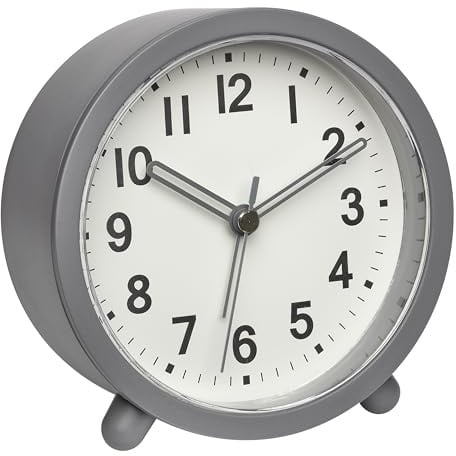 TFA Dostmann Réveil Matin, analogique Silencieux, 60.1043.10, à Piles, sans tic-tac, Mouvement à Quartz, éclairage sur Simple Pression d'un Bouton, avec Alarme, Chambre à Coucher/Bureau, Gris