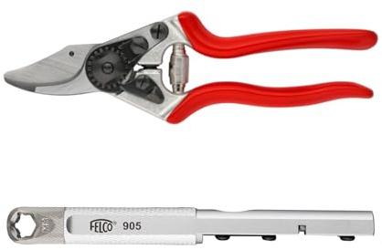 FELCO 2-teilig: Bypass-Gartenschere FELCO 6 + Schärfer 905, Rechtshänder, Mittelgroße Hand, 20mm, Multifunktionales Klingenpflegewerkzeug