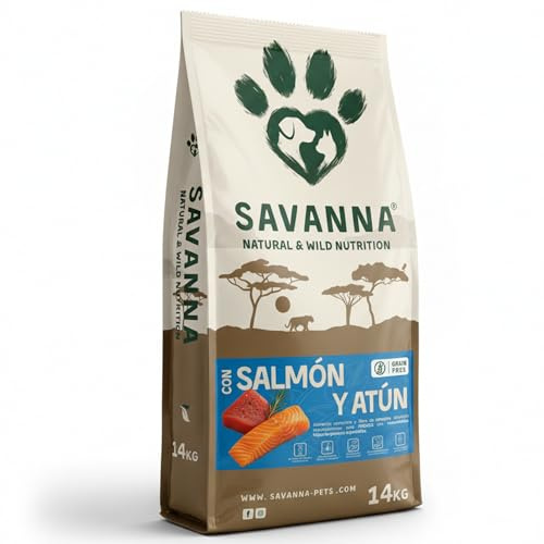 Pienso Hipoalergénico para Perros Adultos con Salmón y Atún, Savanna Hypoallergenic Sin Cereales Grain Free, Piel Sensible y Digestión, Racao Caes Sem Cereais, Todas Las Razas, 14 Kg
