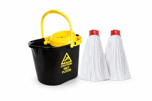 Cubo de Fregar con Escurridor 15L Caution + 2 Fregonas de Algodón Blanco de Regalo | Cubo Profesional con Señal Suelo Mojado | Alta Absorción y Limpieza Profunda | Ideal para Hogar, Empresas y Hostele