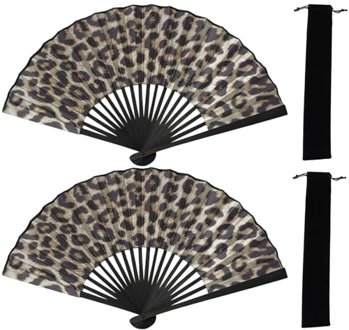 GYTFOG 2 Pack Leopard Print Paper Fans with Bags,Large Rave Fan for Line Dance, Portable Folding Fan for Wedding, Preference, Performance, Dancing, Home Decoration
